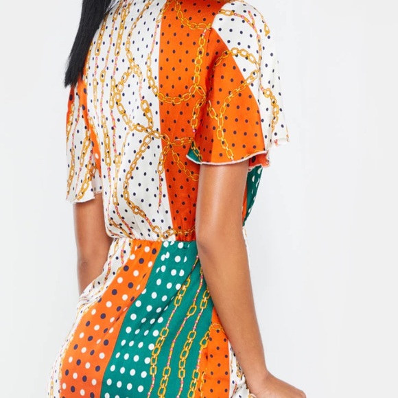 Orange Satin Chain Print Ruched Frill Tea Dress - Picture 3 of 3